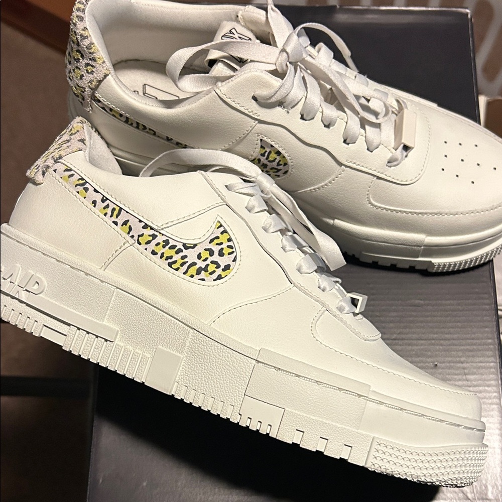 Nike White Air Force 1 Pixel SE with Patterned Leopard Accents
